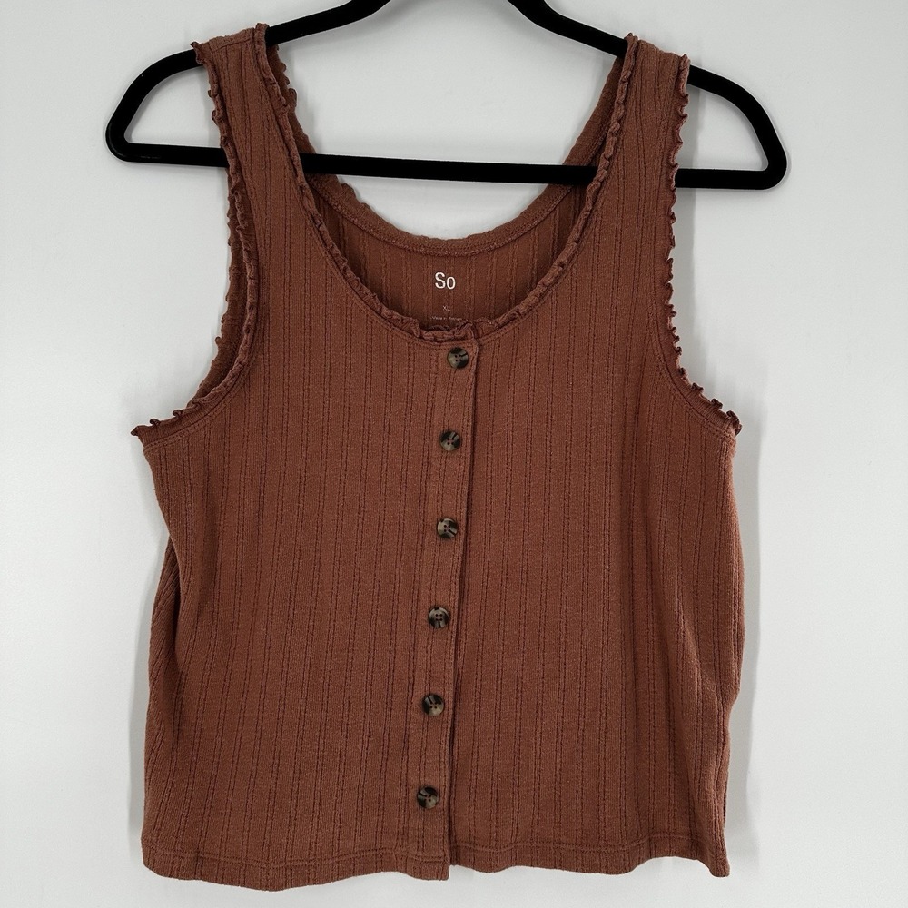 SO Lace Trim Ribbed Knit Short Tank Crop Top Size L Button Burnt Orange